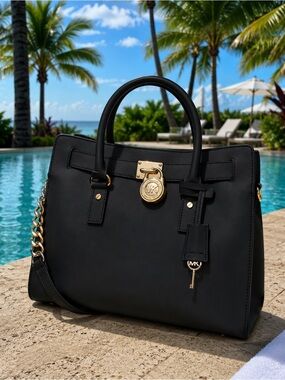 MICHAEL KORS Black HAMILTON  SAFFIANO LEATHER SATCHEL BAG